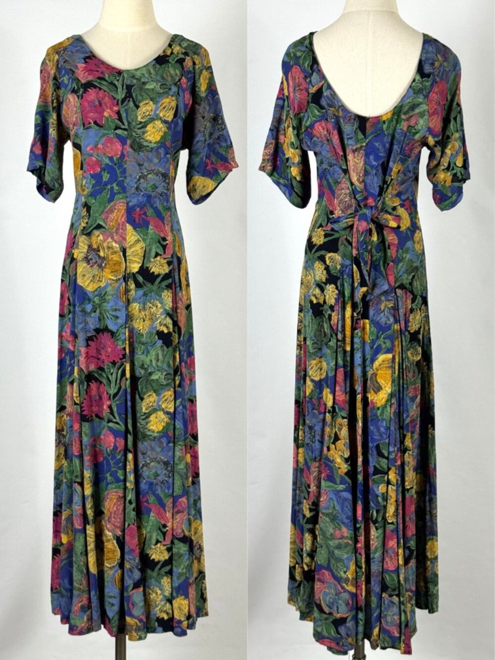Vtg 90s Olive Painted Floral Maxi Dress Sz L Tie Back Rayon Pleated Artsy Whimsy